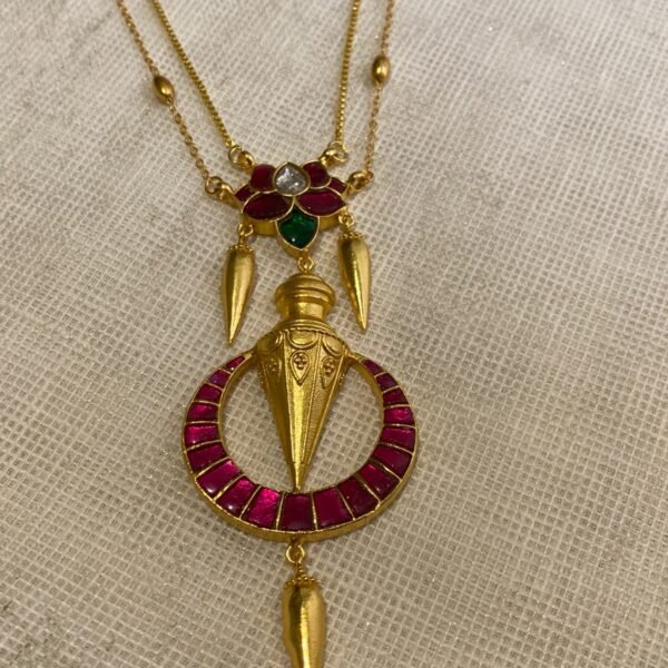 24K Gold Plated Jadau Double-Layer Lotus Temple Necklace Set with Earrings 1