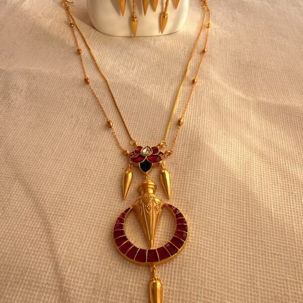24K Gold Plated Jadau Double-Layer Lotus Temple Necklace Set with Earrings