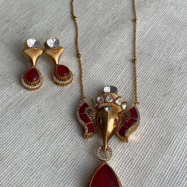 Gold-Plated Divine Ganesha Pendant & Earring Set with Ruby Drop