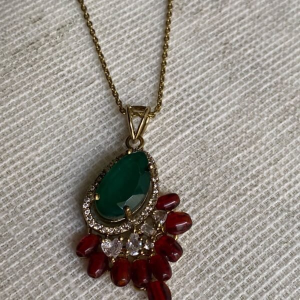 Green Stone Pendant Necklace Set with Red Coral Bead Drops & American Diamond Halo 1