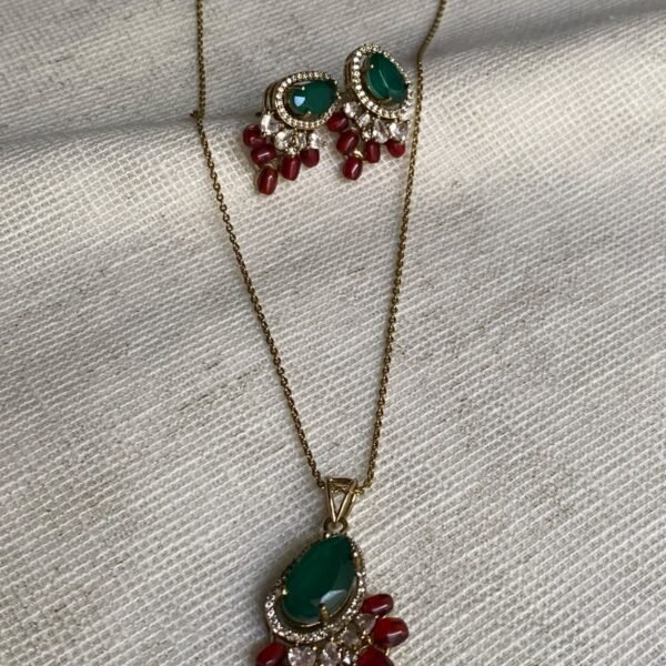 Green Stone Pendant Necklace Set with Red Coral Bead Drops & American Diamond Halo