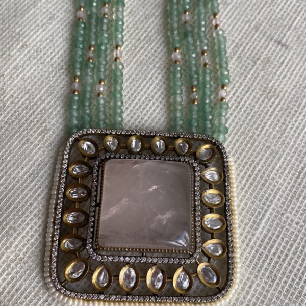 Handcrafted Jadau Kundan Polki Set with Mauve-Grey Monalisa Stone & Mint Green Beads 1