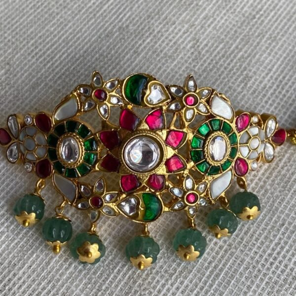 Kundan Jadau Multicolour Choker Necklace Set with Green Melon Beads 1