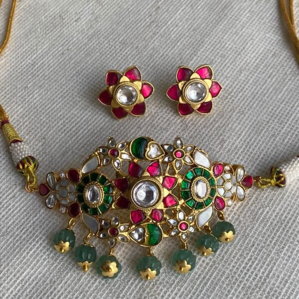 Kundan Jadau Multicolour Choker Necklace Set with Green Melon Beads
