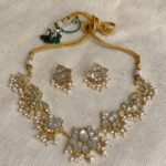 Kundan Lotus Choker Necklace Set with Earrings – Mother of Pearl