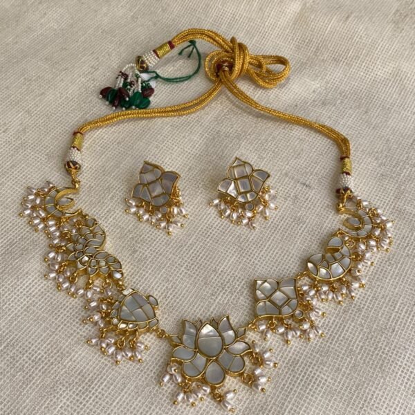 Kundan Lotus Choker Necklace Set with Earrings – Mother of Pearl