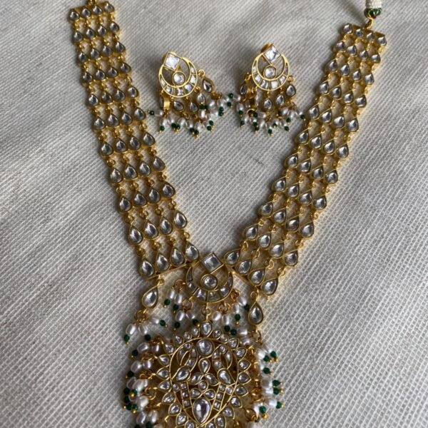 Kundan Rani Haar Long Necklace Set with Pearl & Emerald Fringe