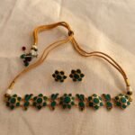 Matte Gold & Emerald Green Floral Choker Necklace Set with Stud Earrings