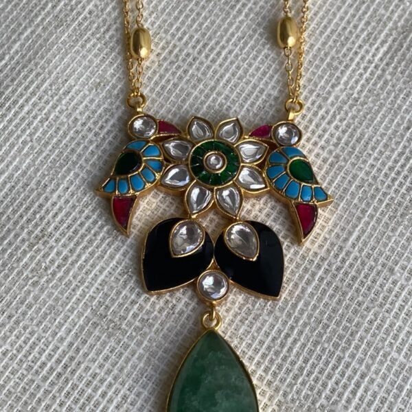Meenakari Kundan Pendant Necklace Set with Green Jade Drops 1