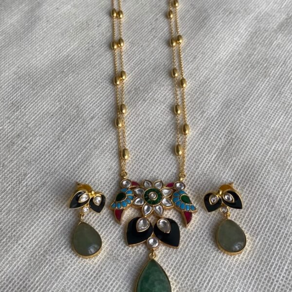 Meenakari Kundan Pendant Necklace Set with Green Jade Drops
