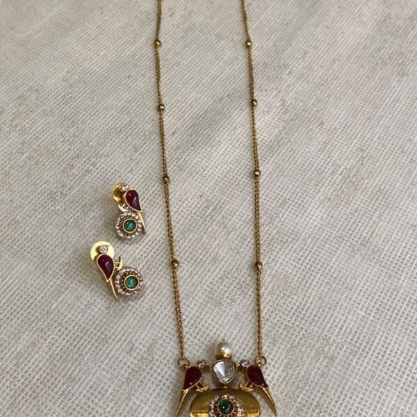 Moissanite Peacock Bird Fusion Pendant Set with Long Chain & Stud Earrings