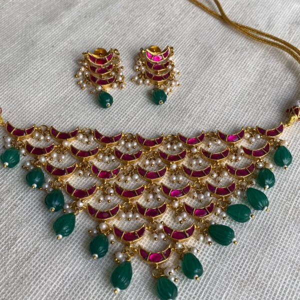 Multi-Layered Crescent Kundan Choker Necklace Set with Pearl Drops
