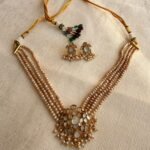 Multi-Strand Kundan Pearl Necklace Set with Floral Pendant (Champagne Gold)