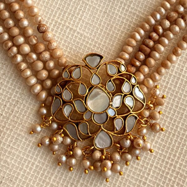 Multi-Strand Kundan Pearl Necklace Set with Floral Pendant (Champagne Gold) 3