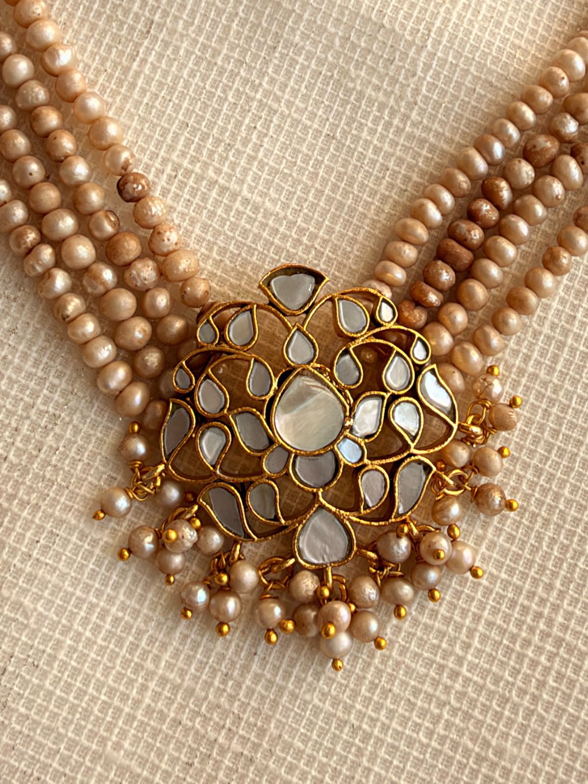 Multi-Strand Kundan Pearl Necklace Set with Floral Pendant (Champagne Gold) 3