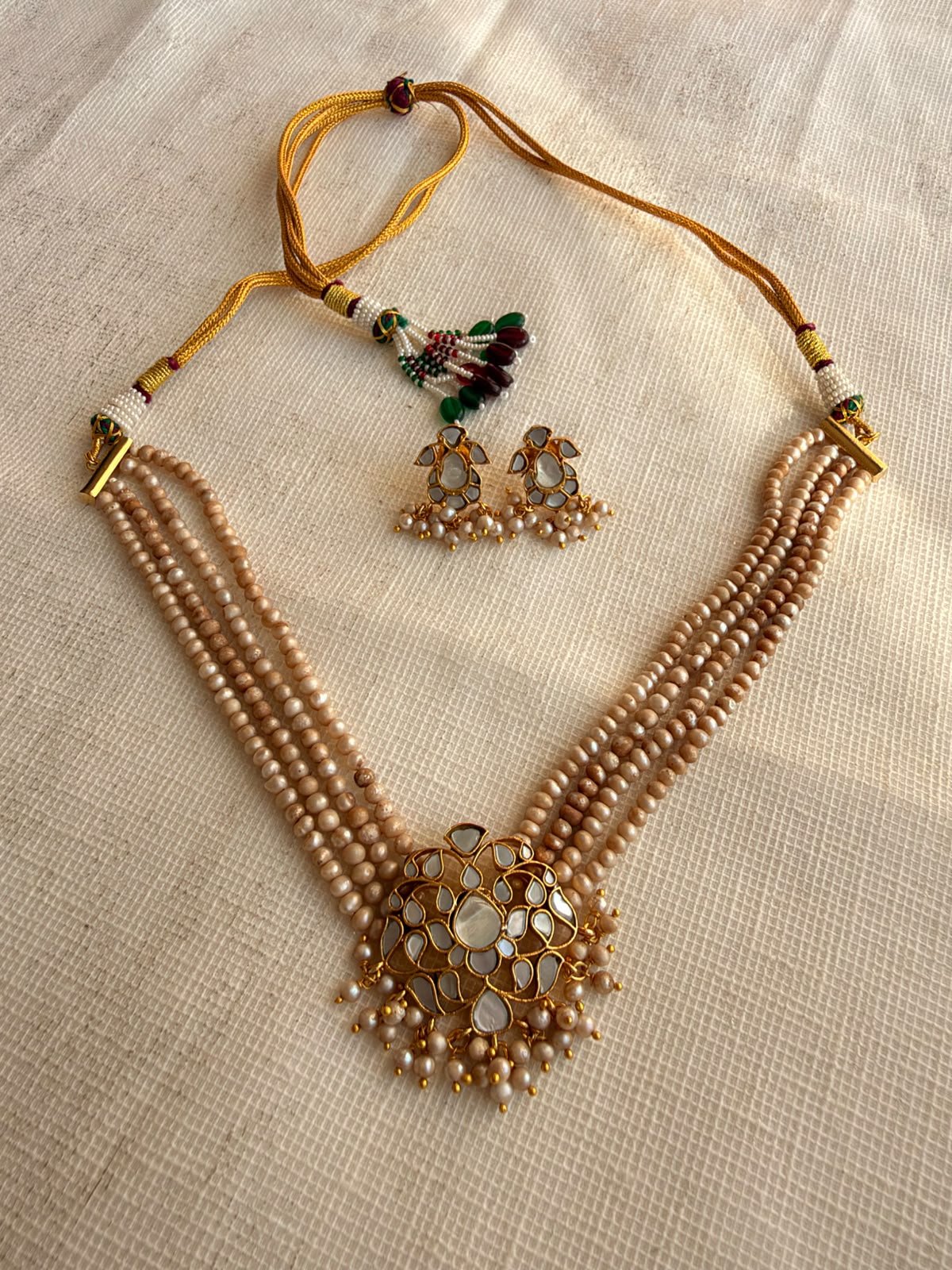 Multi-Strand Kundan Pearl Necklace Set with Floral Pendant (Champagne Gold)