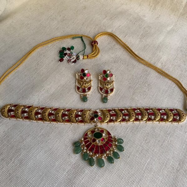 Rajasthani Kundan Meenakari Choker Necklace Set with Drop Earrings