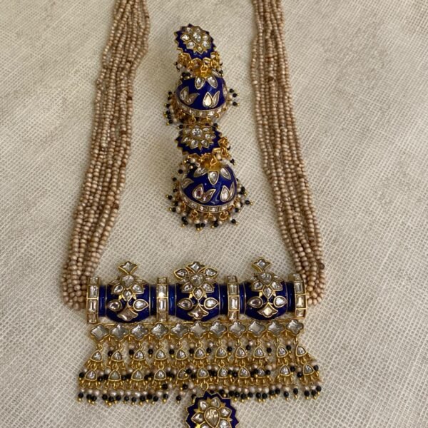 Royal Blue Meenakari Jadau Kundan Choker Necklace Set with Jhumka Earrings